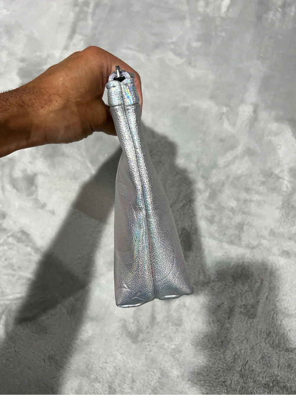 GUESS Silver Iridescent Metallic Logo Cosmetic Makeup Bag Pouch NWOT
